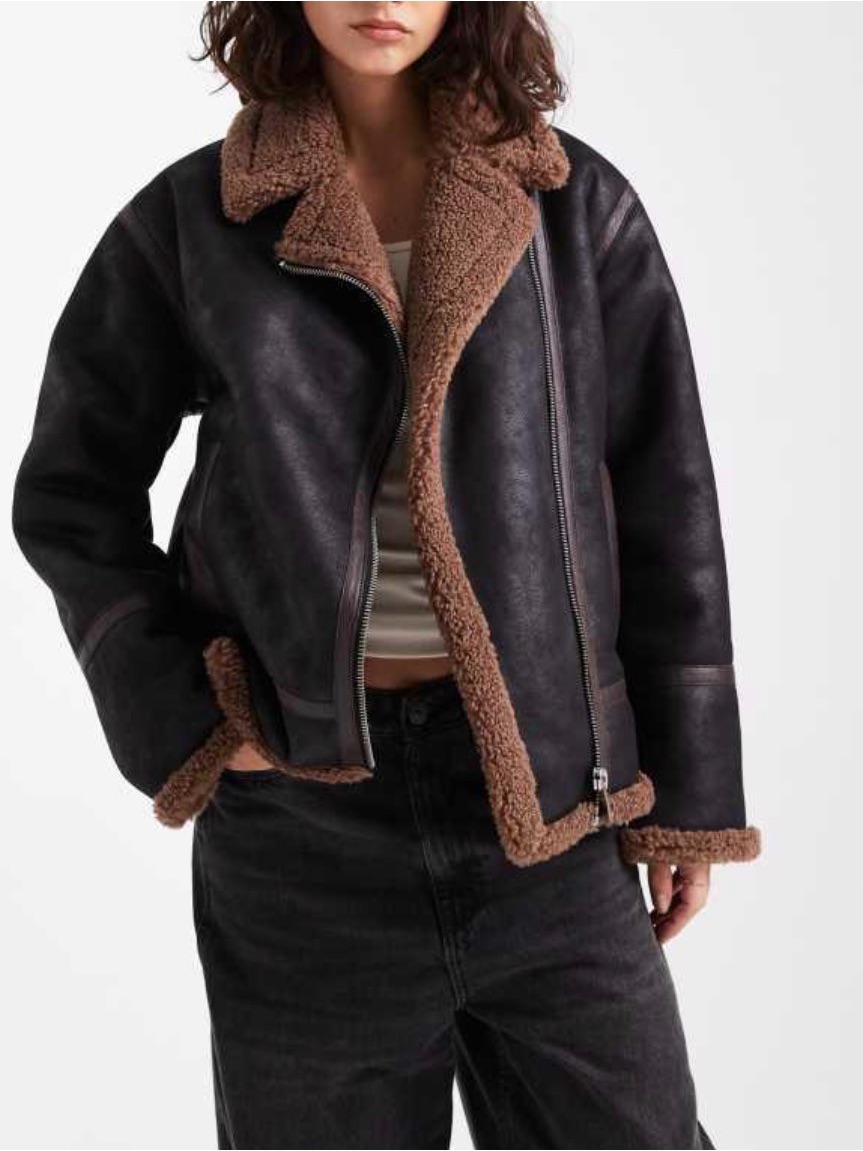 French Connection Black Faux-Leather Shearling Jacket With Brown Trim Size Small